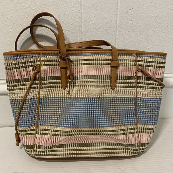 Fossil Tote Charlie Ecru Multi Stripe Pink Blue Shoulder Bag Purse NWOT - Picture 5 of 12